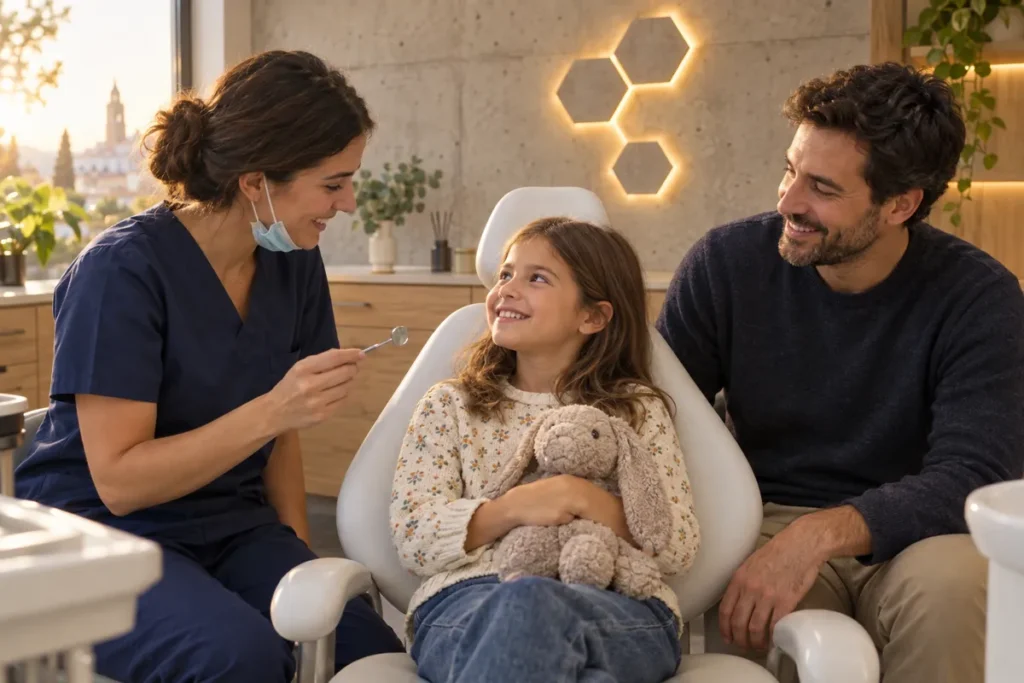 Niña en revisión dental acompañada de su padre (imagen ilustrativa generada con IA)