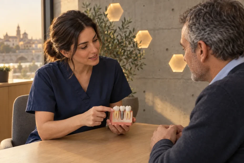 Dentista explicando a un paciente un modelo de implante dental (imagen ilustrativa generada con IA)